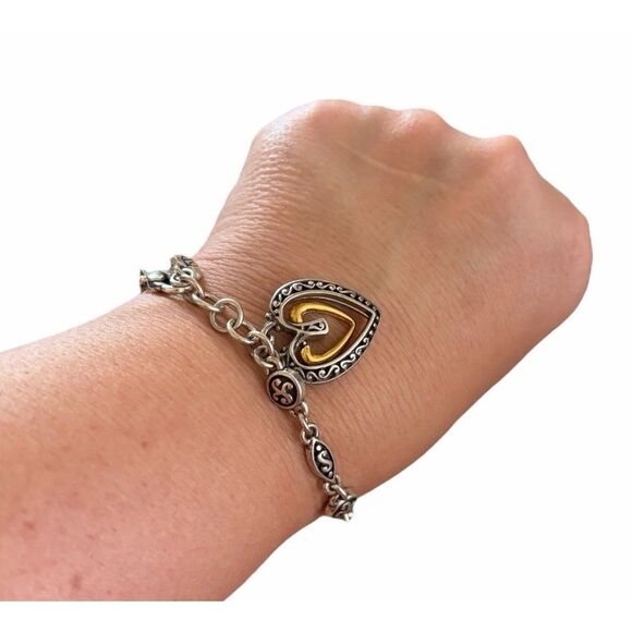 Brighton Silver 2 Tone Scroll Link Heart Bracelet  Heart Charm 7–8” - Picture 1 of 4